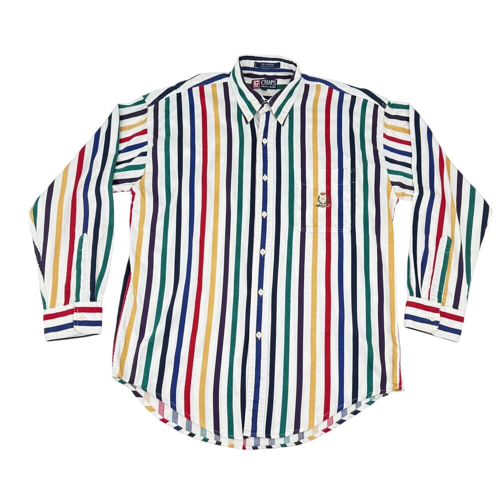 Chaps Ralph Lauren Bold Stripe Button Down Cotton L Preppy Coastal Summer